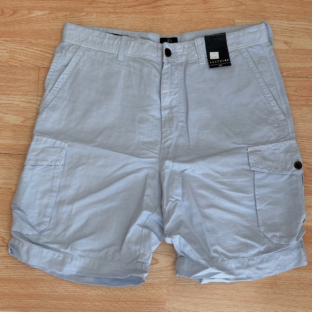 NWT Saltaire Light Blue Sahara Linen Cargo Chino Shorts 38